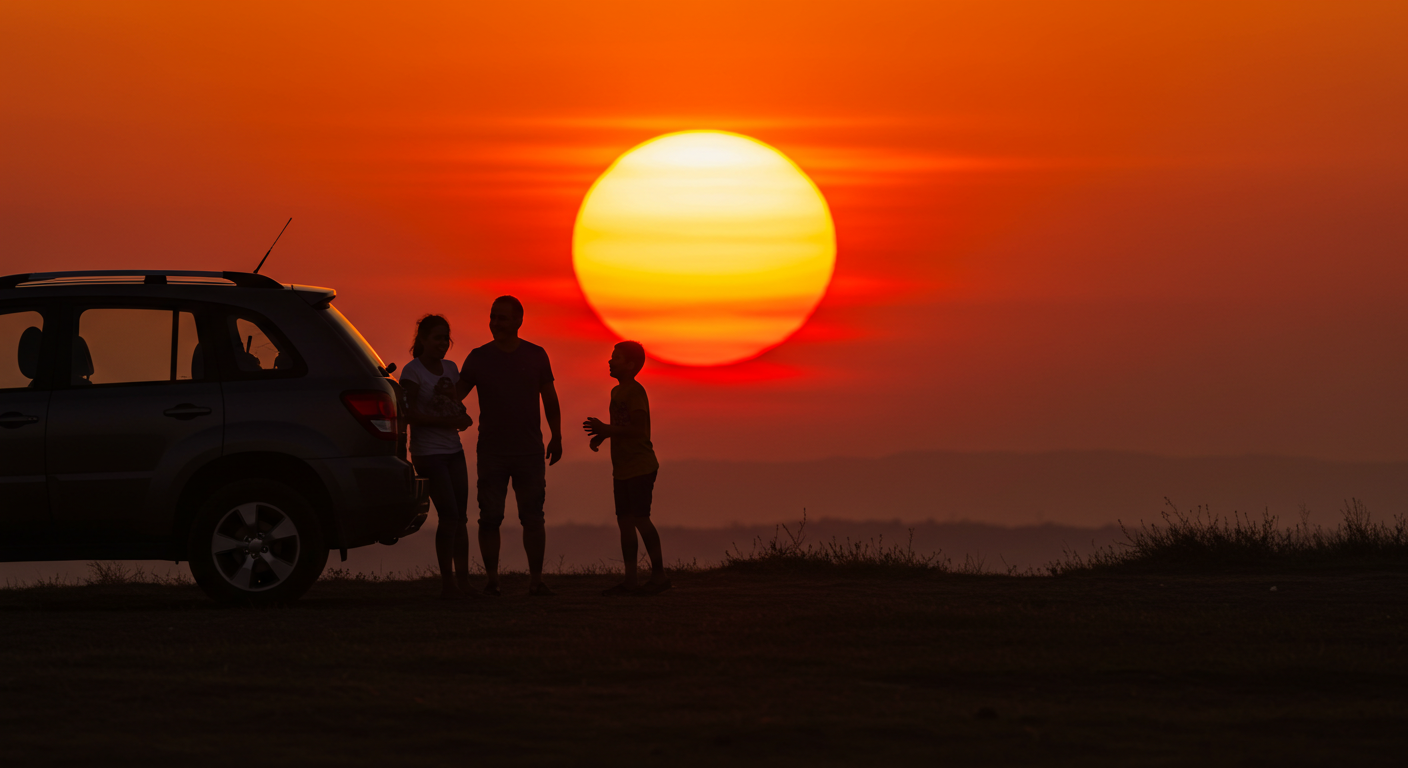 Advertising for Car Dealers - A family with their car at sunset on a hilltop, the car shown as part of their togetherness. Article by Vasishta Vaddadi at Mark Turbo.